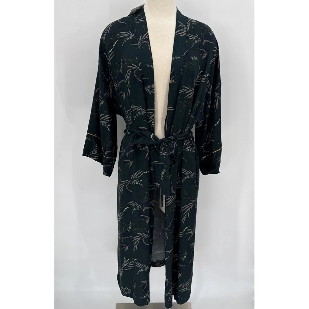 Hanro Womens Green Kelp Garden Print Long Robe Size Small Designer Luxury NWT